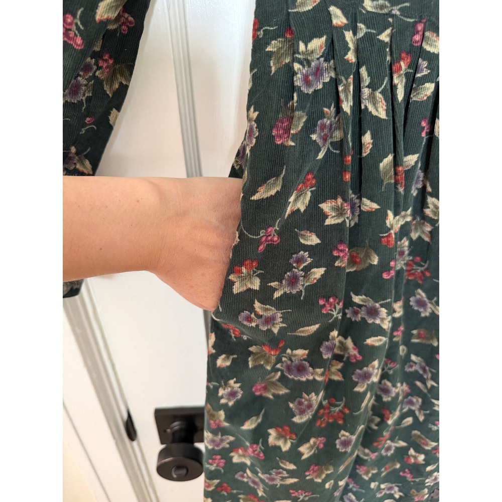 Vintage Susan Bristol Floral Pinwale Corduroy Maxi Dress Green Drop Waist 12 - Picture 9 of 16